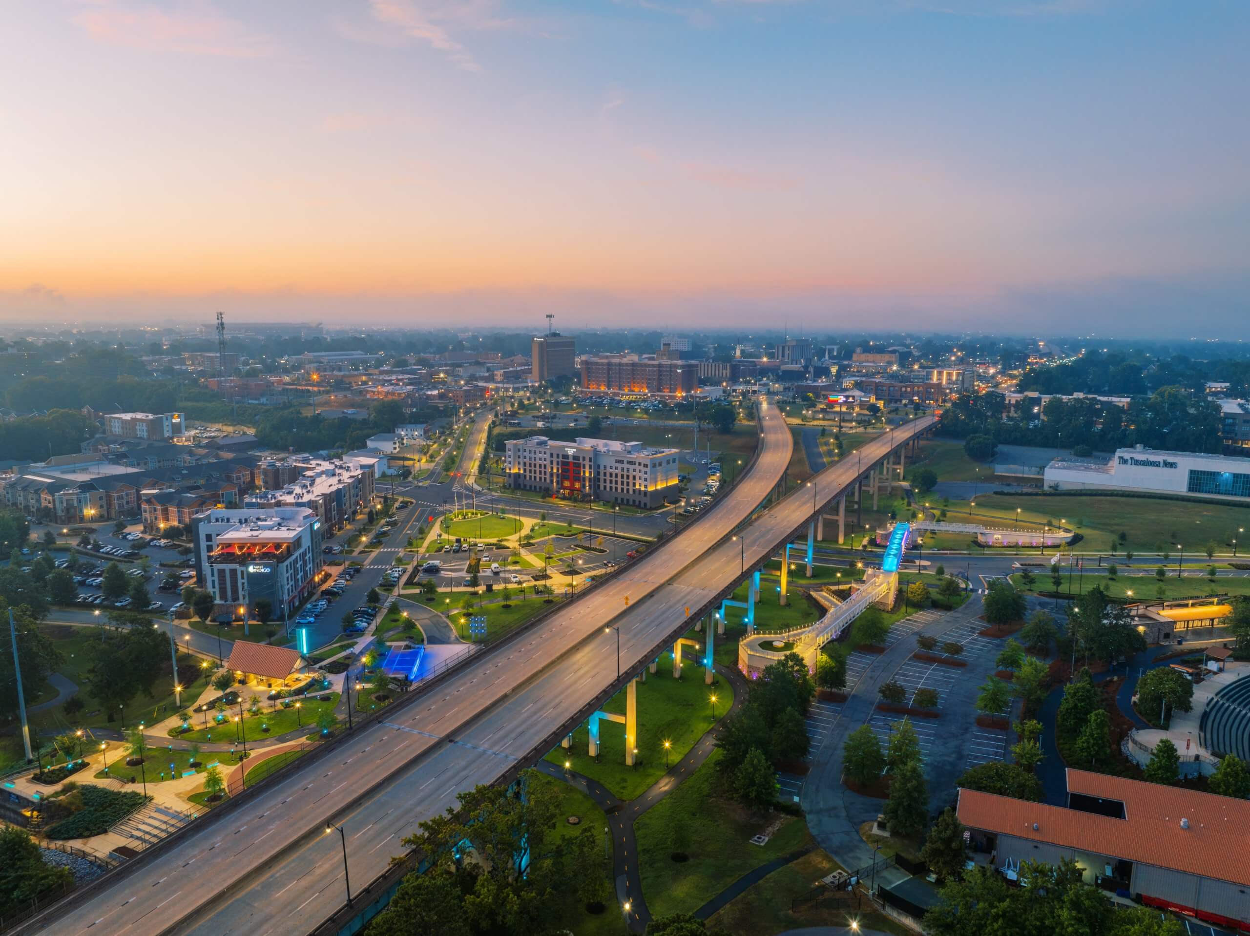Aerial view of downtown Tuscaloosa at sunset